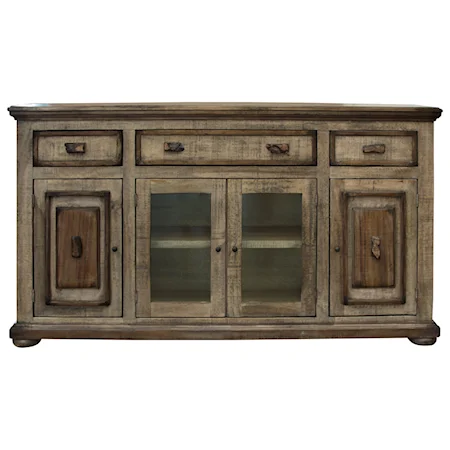 Rustic 2 Glass and 2 Wooden Doors Console with Textured Finish